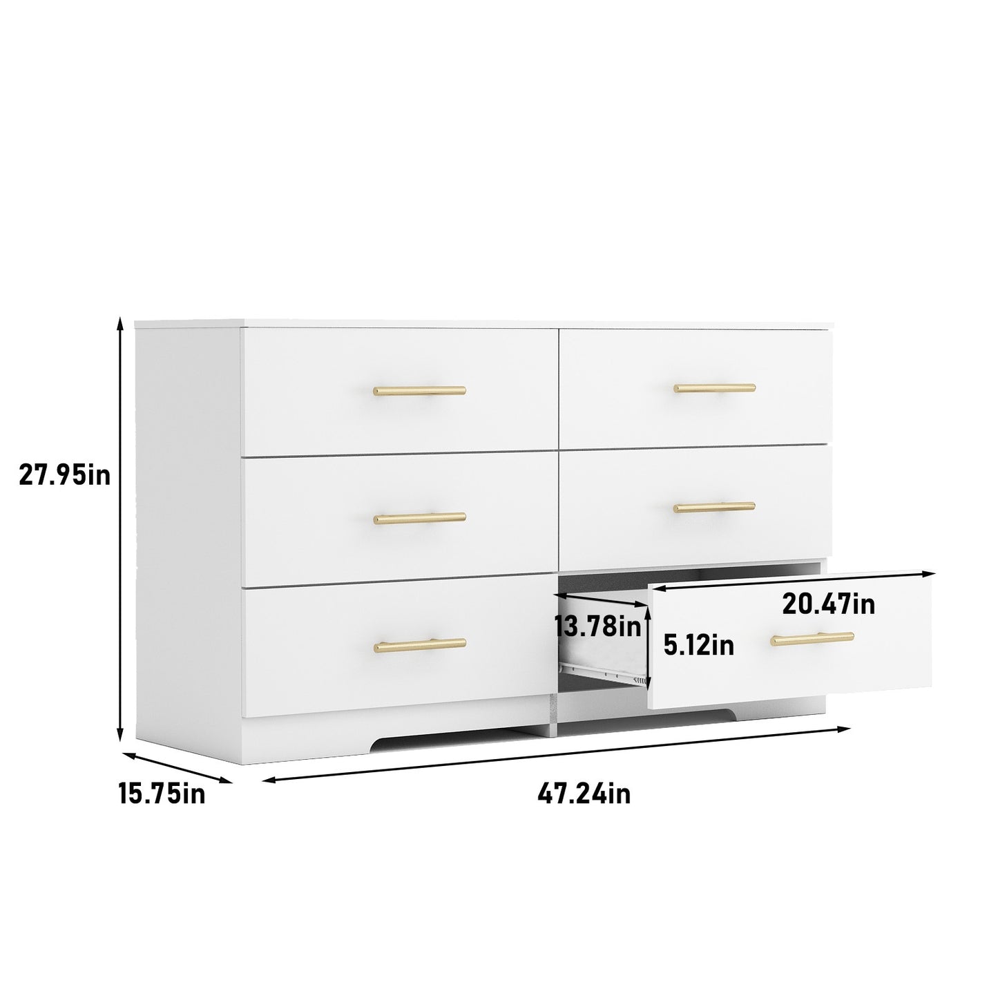 Weiße große Kommode mit 6 Schubladen und goldenem Griff