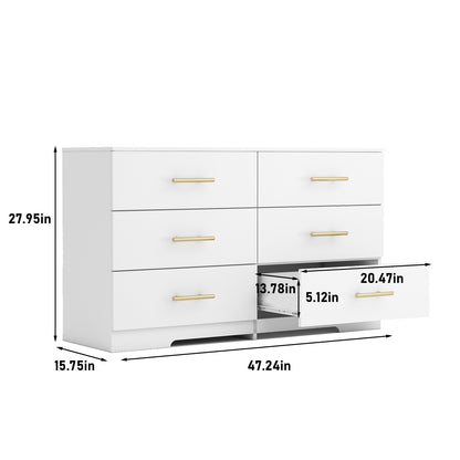 Weiße große Kommode mit 6 Schubladen und goldenem Griff