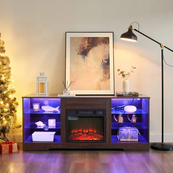 TV-Ständer mit elektrischem Kamin und Glasregalen, 3D-Kamin-TV-Ständer mit LED-Beleuchtung aus Holz mit USB-Ladeanschluss Moderner Fernsehtisch für TVs bis zu 62" ESP, 58''B*15,5''T*24,4"H