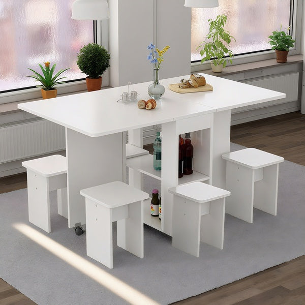 Klappbarer Esstisch mit herunterklappbaren Seitenteilen für 4 Personen mit 4 Stühlen, platzsparender klappbarer Esstisch mit Stauraum und 6 Rollen, 120 cm T x 60 cm B x 77 cm H, Weiß