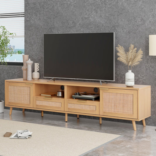 Rattan-Fernsehtisch für Fernseher bis 85'', modernes Farmhouse-Media-Console-Center