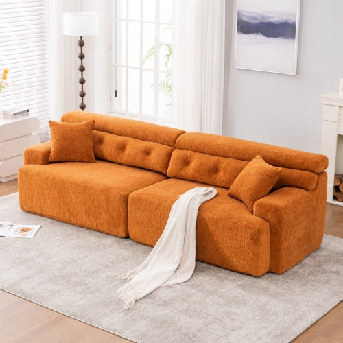 LY-029 ORANGE KOMPRESSIONS-SOFA 4-Sitzer Kombiniertes Sofa, Holzmaserung-Chenille-Stoff, Voll-Schwamm-Kompressionssofa, kombiniertes Sofa mit 2 Kissen für Wohnzimmer Möbel Wohnung