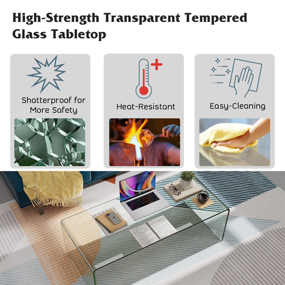 42.5 X 20 X 14 Inch Glass Coffee Table With Rounded Edges For Living Room