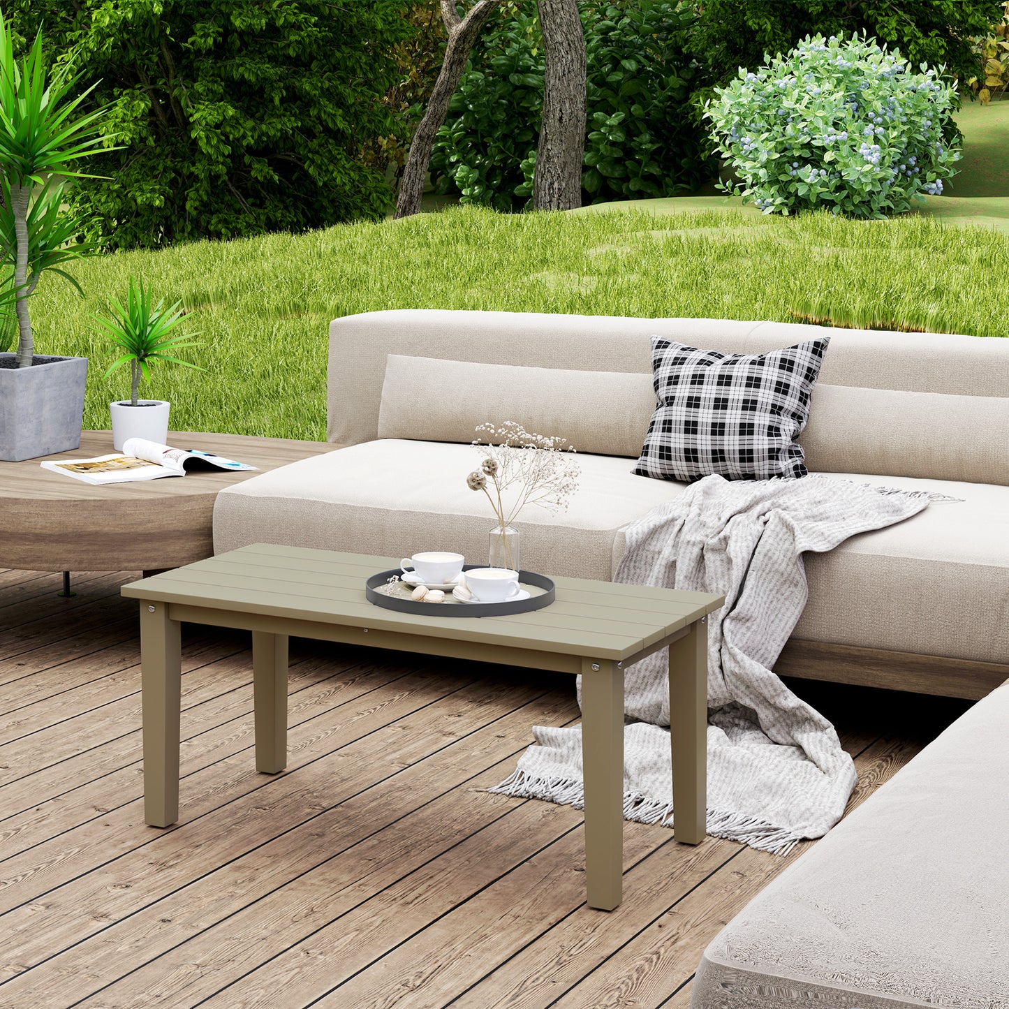 Rechteckiger Außentisch für Kaffee, HDPE Allwetter-Außentisch für Terrasse mit lamellenförmiger Tischplatte für Garten, Balkon, Braun