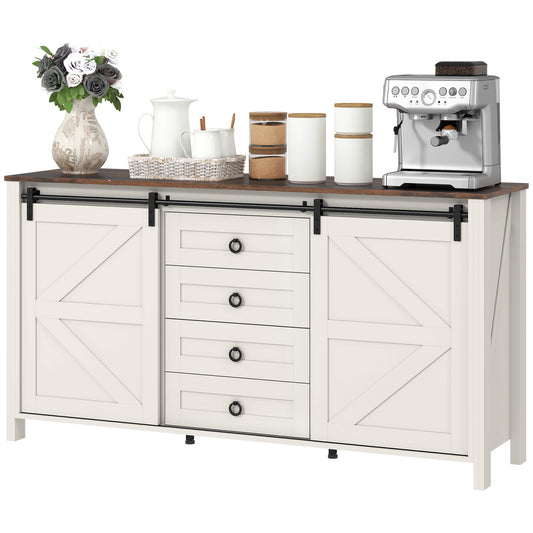 60er Buffet-Schrank, Bauernhaus-Sideboard mit Schiebetüren im Scheunenstil, Schubladen und höhenverstellbaren Regalen, distressed Cremeweiß