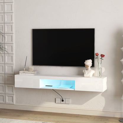 Schwebender TV-Ständer Wandmontiert mit 16-farbigen LEDs, Moderner TV-Ständer, Schwebender TV-Schrank Entertainment-Center für 55 60 65 Zoll TV, Weiß