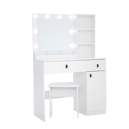 Toilettentisch mit Lichtern, Toilettentisch-Set mit Spiegel, Schminktisch mit großen Schubladen, Drei-Ebenen-Speicher-Kommode, Toilettentische mit 3 Lichtern, einstellbare Helligkeit für das Schlafzimmer, weiß