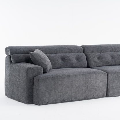 LY-029 Graue Kompressionssofa für 4 Personen, Kombinierte Sofa, Holzmaserung Chenille-Stoff, Voll-Schwamm-Kompressionssofa, kombinierte Sofa mit 2 Kissen für Wohnzimmer, Möbel für Zuhause, Wohnung