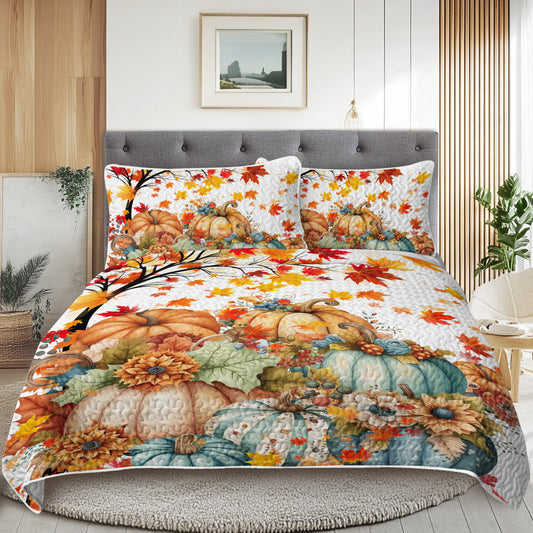 Herbst-Design 3-teiliges Bettwäsche-Set - Kürbisdruck Überdecke