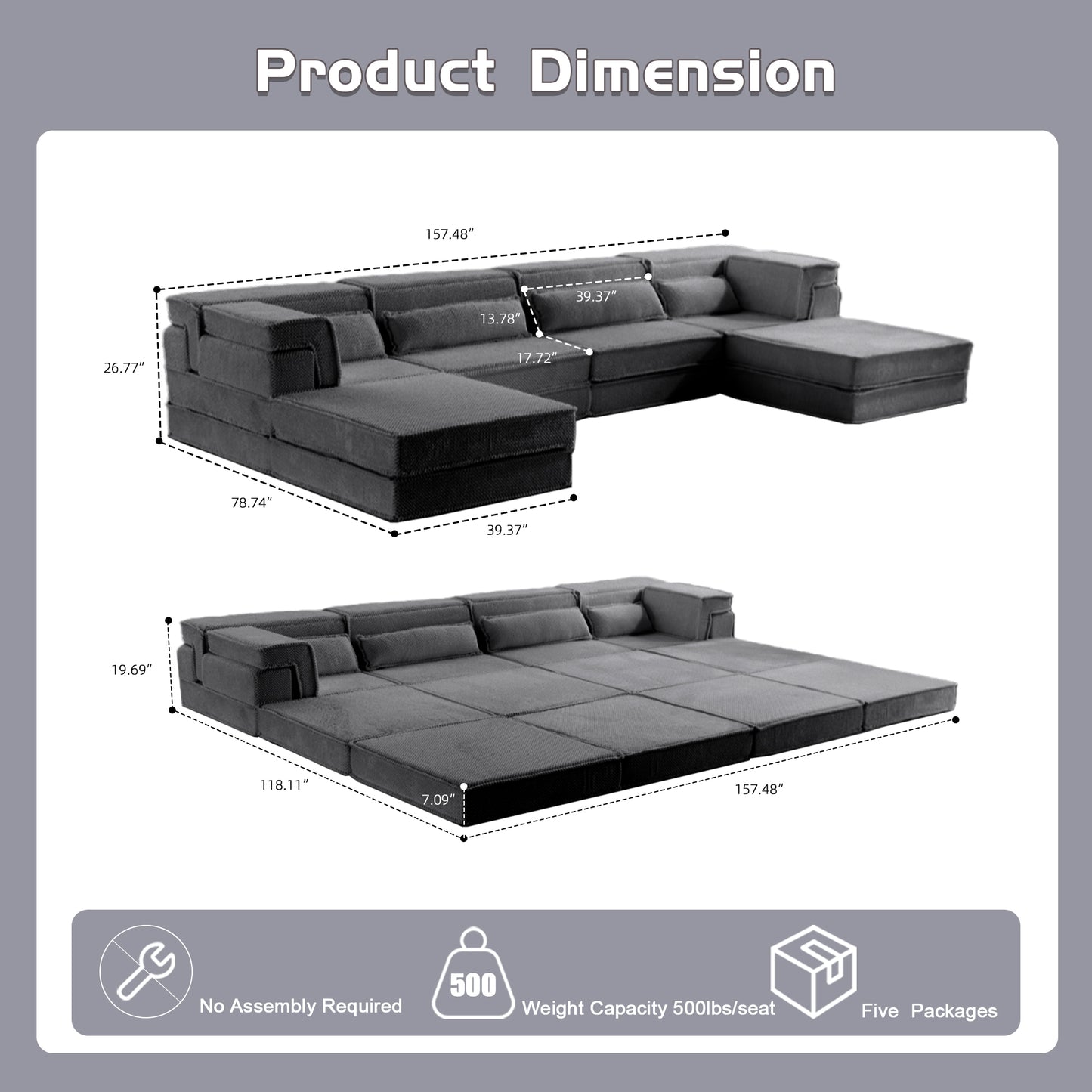 Kompressions-Mahjong-Sofa, Umwandelbares Boden-Sofabett, DIY Knochenloses Modulares Sektionalsofa, Keine Montage Erforderlich, Kreisförmiger Fleece-Stoff, Überdimensioniertes 4-Sitzer-Sofa mit 2 Hocker, Dunkelgrau