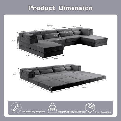 Kompressions-Mahjong-Sofa, Umwandelbares Boden-Sofabett, DIY Knochenloses Modulares Sektionalsofa, Keine Montage Erforderlich, Kreisförmiger Fleece-Stoff, Überdimensioniertes 4-Sitzer-Sofa mit 2 Hocker, Dunkelgrau