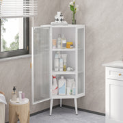 22,25'' Eckschrank für den Boden, drei Ebenen mit gehärteten Glastüren und Stauraumregalen für Badezimmer, Wohnzimmer und Schlafzimmer, weiß