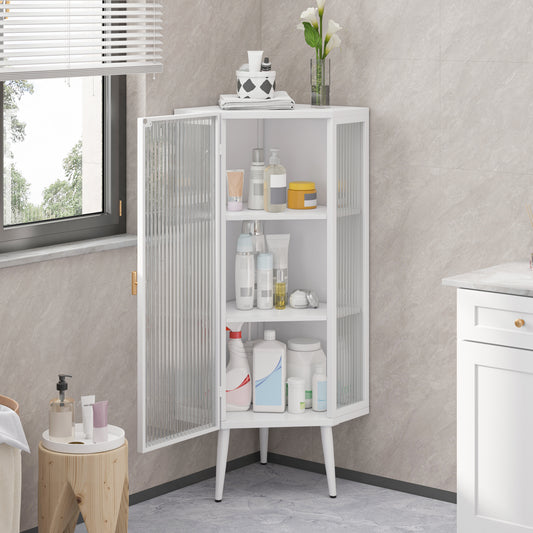 22,25'' Eckschrank für den Boden, drei Ebenen mit gehärteten Glastüren und Stauraumregalen für Badezimmer, Wohnzimmer und Schlafzimmer, weiß