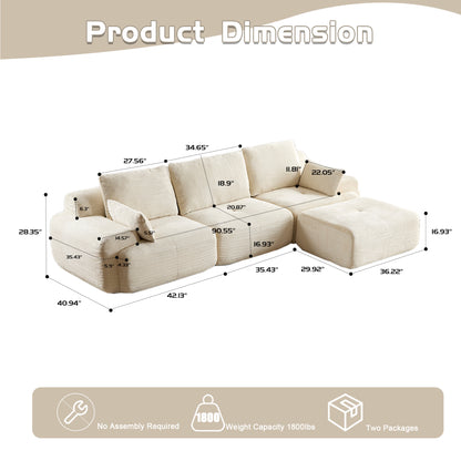 Moderne Kompressions-Matratzen-Sofa, Große Ecksofas für das Wohnzimmer, Haustierfreundliches Wolkenmodulares Ecksofa, Kordstoff, Extra Tiefes Liebespaarsofa, Keine Montage erforderlich, BEIGE