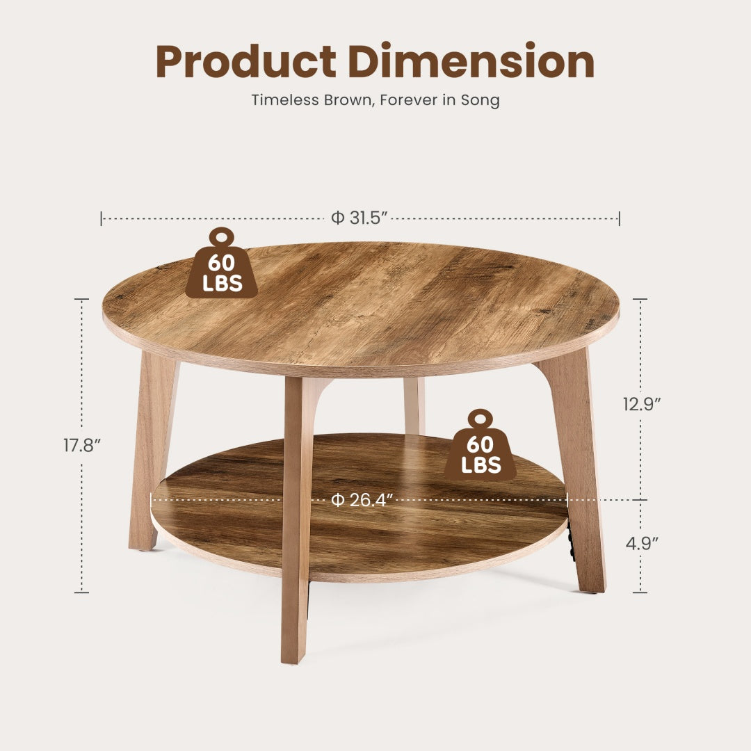 Runder Couchtisch, 32 Holzcouchtische für das Wohnzimmer mit Stauraum, zweistufiger zentraler runder Tresen mit Holztischplatte