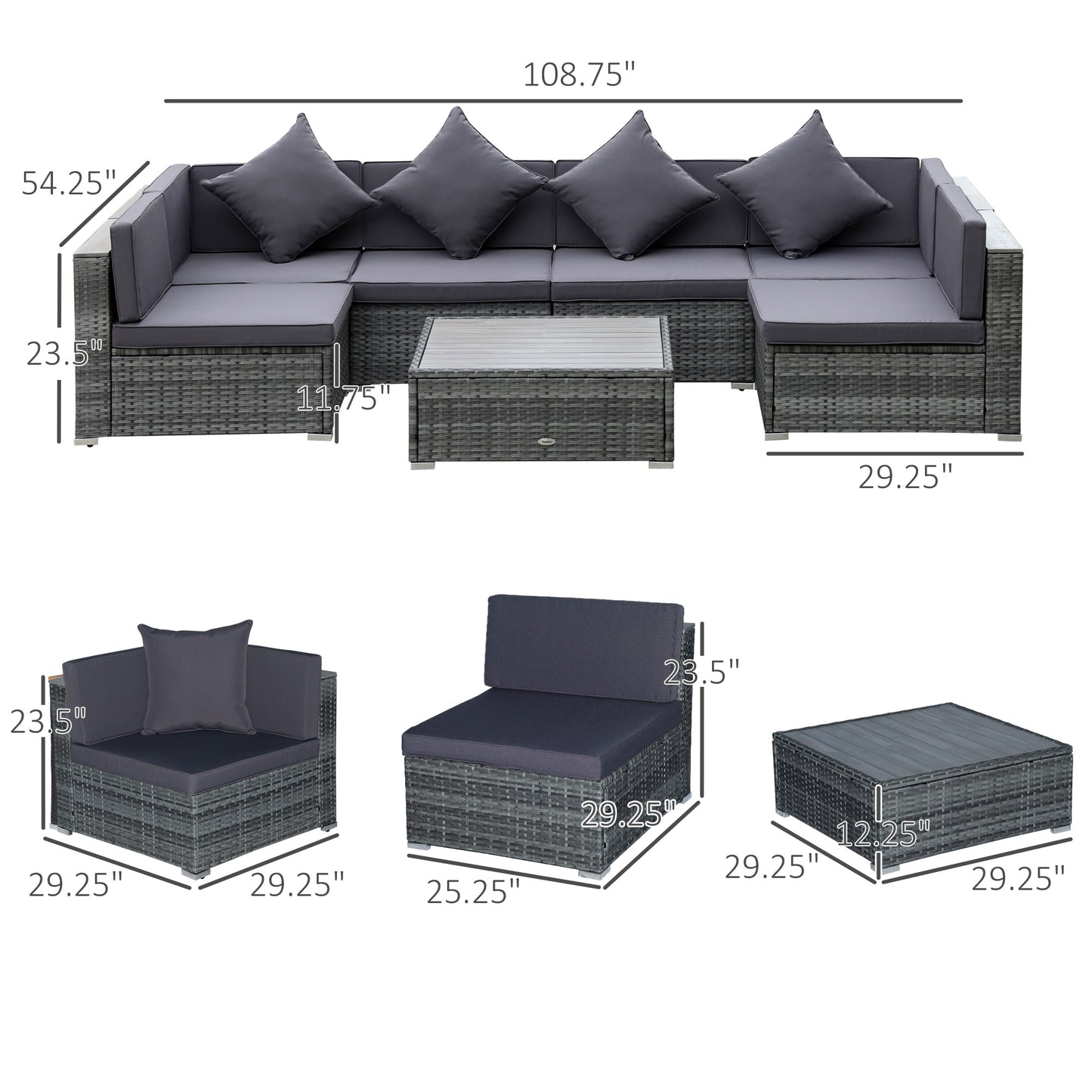 7-teiliges Patio-Möbel-Set PE-Rattan-Sofagarnitur Outdoor-Gesprächsset mit Akazien-Oberfläche Kaffeetisch & Sitzkissen für Garten, Hinterhof, Grau