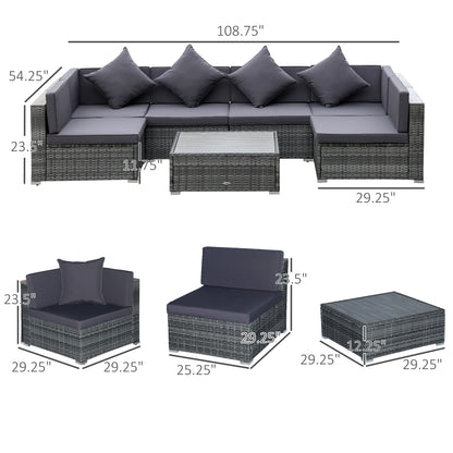 7-teiliges Patio-Möbel-Set PE-Rattan-Sofagarnitur Outdoor-Gesprächsset mit Akazien-Oberfläche Kaffeetisch & Sitzkissen für Garten, Hinterhof, Grau