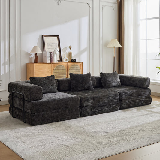 Kompressions-Sofa, Umklappbares Boden-Sofa-Bett mit festem Rahmen, Knochenloses modulares Sektionalsofa, Keine Montage erforderlich, Chenille-Stoff, für Wohnzimmer und Schlafzimmer, Schwarz
