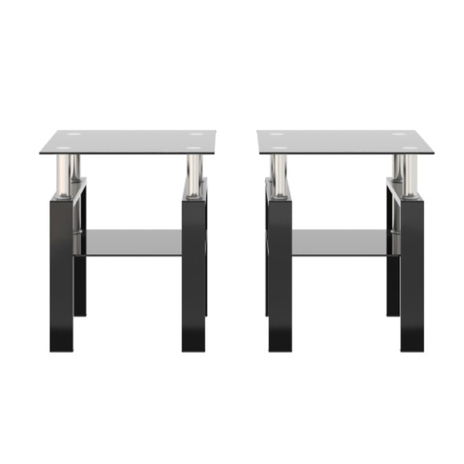 Set aus 2, Modernes Temperglas-Teetisch Couchtisch Beistelltisch, Quadratischer Tisch für das Wohnzimmer, Schwarz