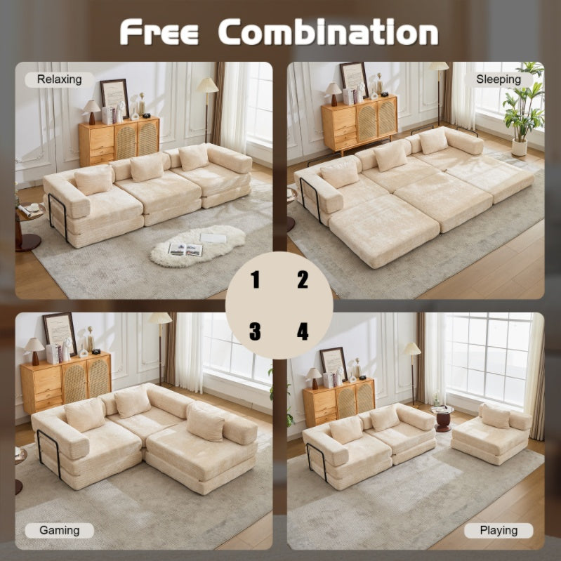 Kompressions-Sofa, Umwandelbares Boden-Sofa-Bett mit feststehendem Rahmen, Knochenloses modulares Sektionssofa, Keine Montage erforderlich, Chenille-Stoff, für Wohnzimmer und Schlafzimmer, Beige