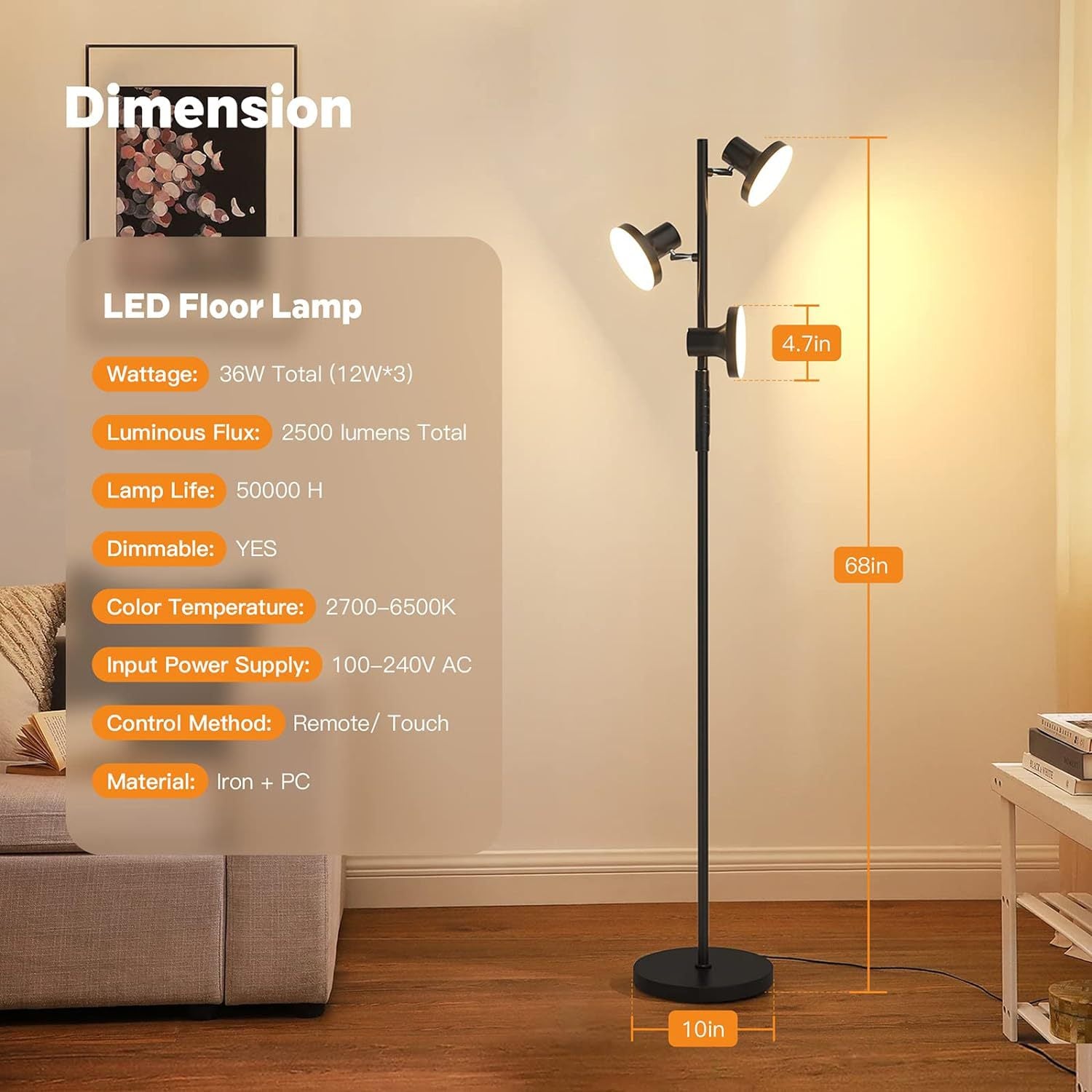 Gold Adjustable Rotatable Floor Lamp With Remote