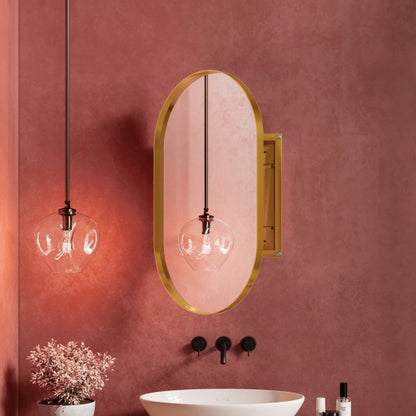 20x34 Zoll Ovales Einbaumedizinschränkchen, Metallgerahmter Badezimmerwand-Schrank mit Spiegel und einstellbaren Regalen, Wandspiegel mit Stauraum für das Badezimmer, Mattgold