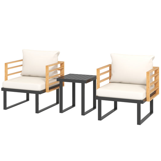 3-teiliges Metall-Bistro-Set, kleines Patio-Möbelset mit Polstern, Sessel, Lamellentisch für Hinterhof-Balkon, Beige