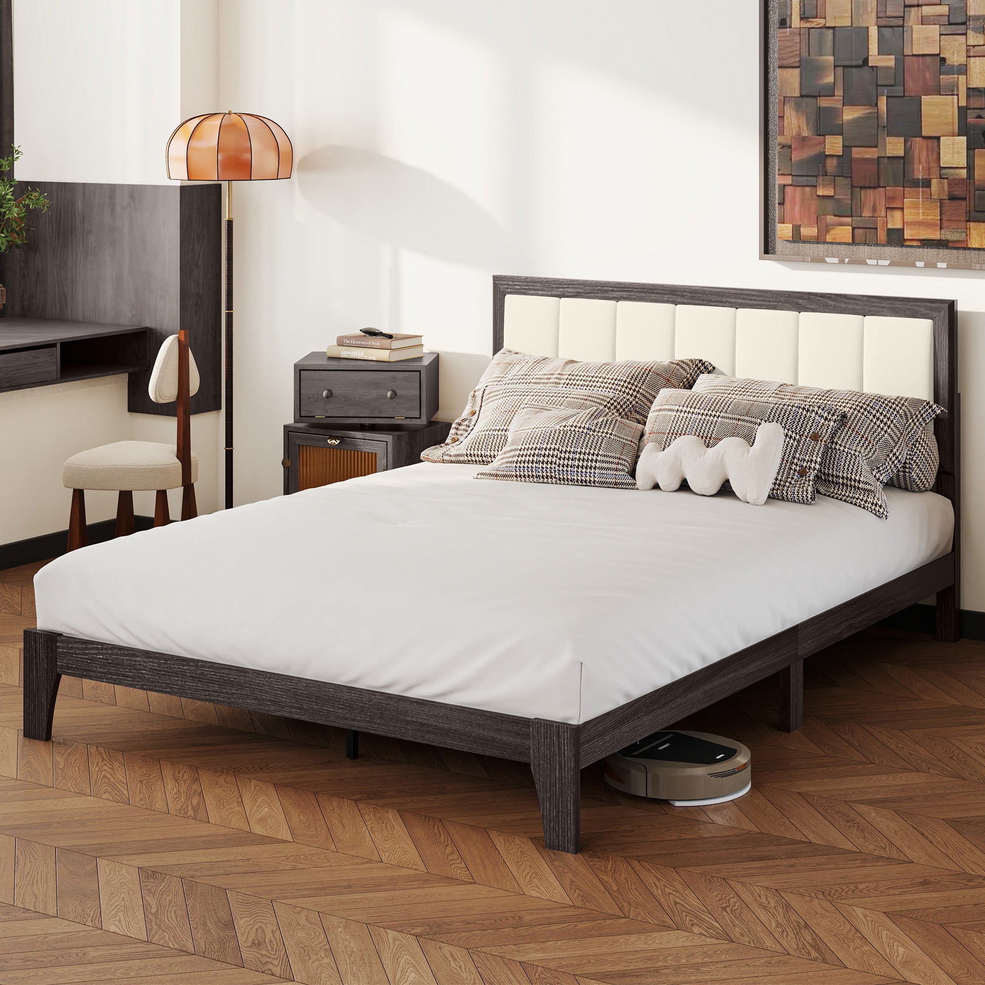 Bettgestell Queen-Size mit Kopfteil, Plattform-Bettgestell mit Holzlatten, kein Boxspring nötig, Anthrazitgrau
