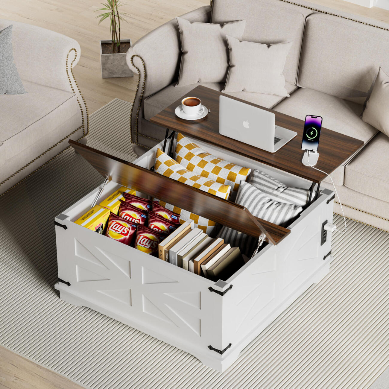 Landhaus-Couchtisch mit Klapptop, USB-Ladestation & verstecktem Stauraum - Robuste Holzbasis, Weiß-Braun-Optionen, Ideal für die Organisation im Wohnzimmer, Couchtisch für das Wohnzimmer, Vielseitig