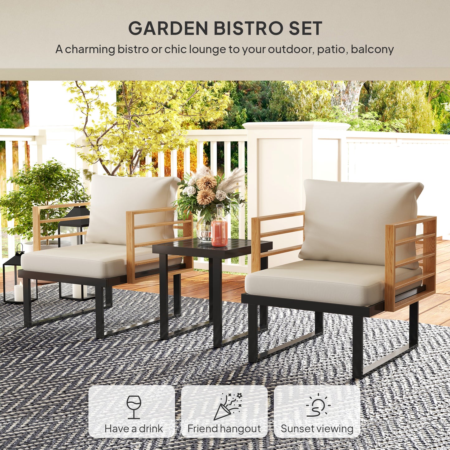 3-teiliges Metall-Bistro-Set, kleines Patio-Möbelset mit Polstern, Sessel, Lamellentisch für Hinterhof-Balkon, Beige