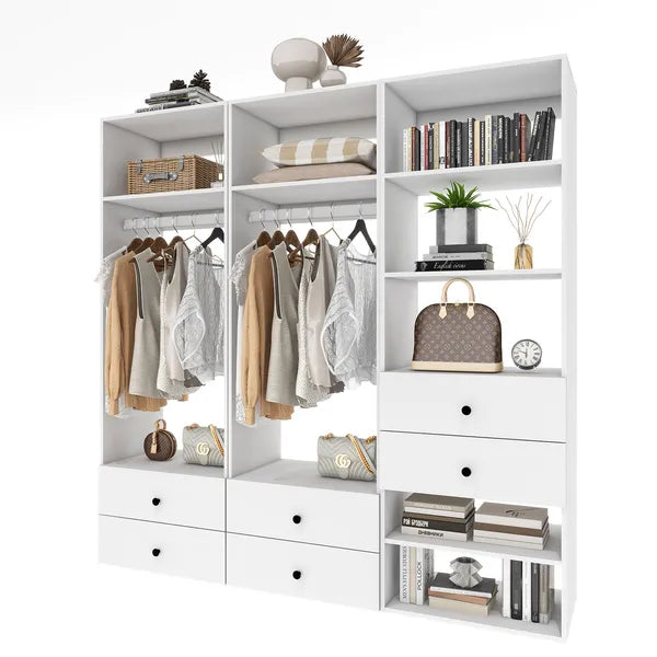 Schrankorganisationssystem, 71"H Einbauschrank-System mit Schubladen, Holz-Armoire-Garderobenschrank mit Regalen, DIY-Holzschrank-System mit wandmontierten Schrankregalen (87"B x 16"T x 71"H)