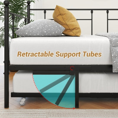 Twin Size Daybed Metal Frame With Trundle Set, Twin Day Bed Sofa, Daybed And Roll Sofa Bed For Guest Room, Bedroom, Living Room, Victorian Style, Black