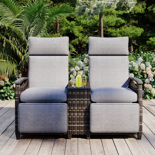 GO Patio Liegestuhl-Loveseat-Stuhl, verstellbare Rückenlehne, Flechtstuhl-Set für den Außenbereich mit Akazienholz-Armlehnen und integriertem Stauraum-Tisch für Balkon, Veranda, Rasen, Grau