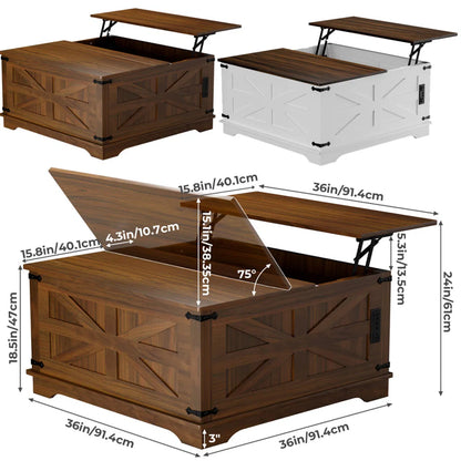 Farmhouse Coffee Table With Lift-Top, USB Charging Station & Hidden Storage - Sturdy Wooden Base