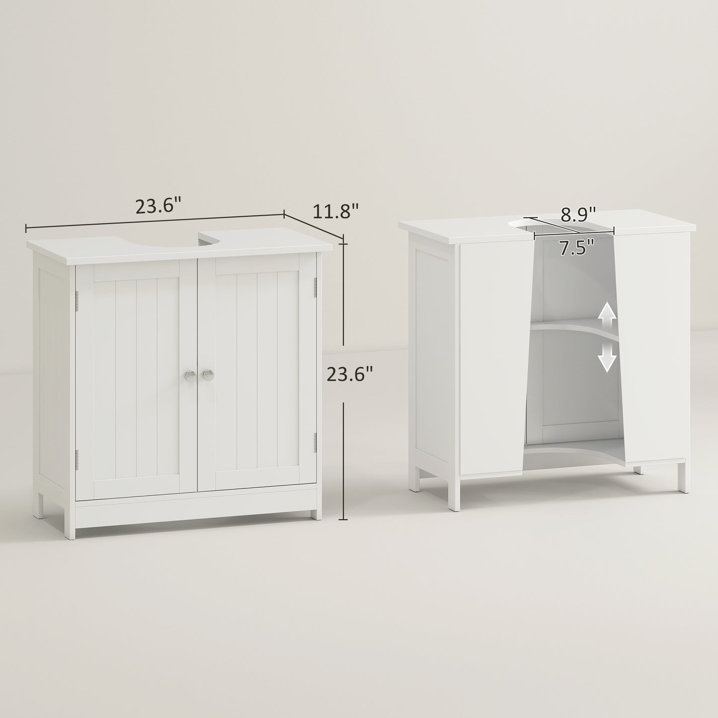 Unterwaschbecken-Badregal, Sockel-Waschbecken-Schrank mit 2 Türen, Regal und U-Form, Weiß