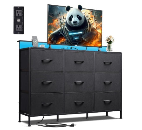 47-Zoll-Fernseherständer für Fernseher bis zu 55 Zoll, Unterhaltungszentrum mit RGB-LED-Lichtern und Ladestation, Medienkonsole mit 9 Stoffschubladen
