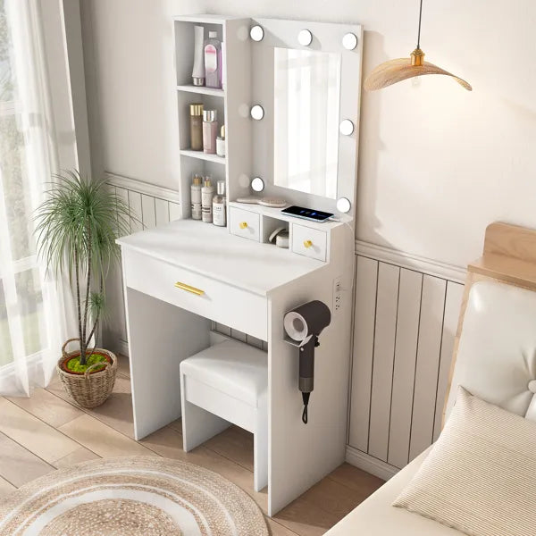 Toilettentisch mit Spiegel und einstellbaren LED-Lichtern, Stromsteckdose, Föhn-Halter und Hocker – Kompakter Schminktisch für kleine Schlafzimmer (Weiß)