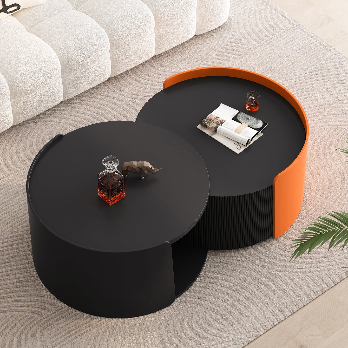 Nistender Couchtisch, Runde Nisttische und Beistelltische für kleine Räume, Moderne Beistelltische mit ausziehbarem Schiebetischplatte für Wohnzimmer, Büro, Schwarz, Keine Montage erforderlich