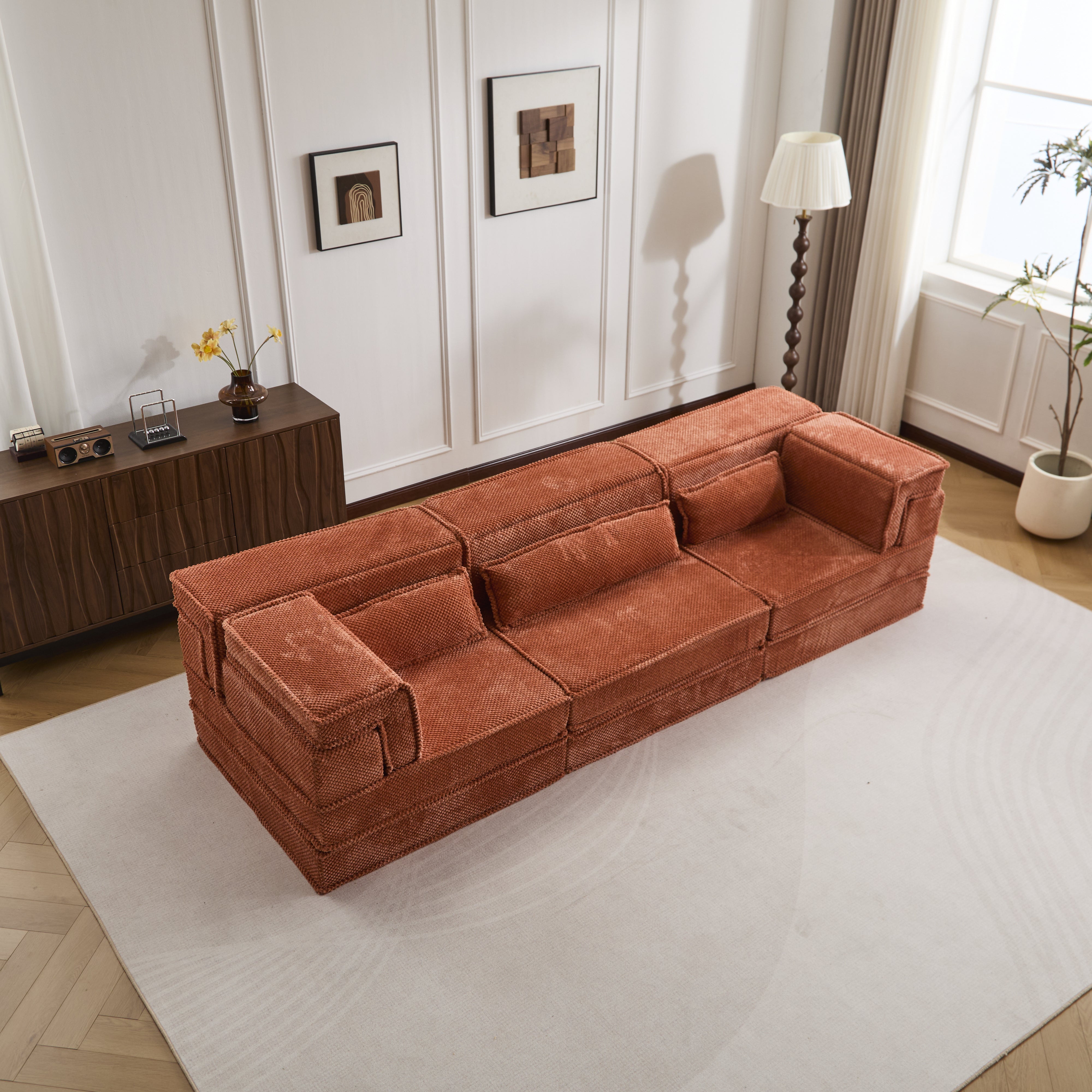 Kompressions-Mahjong-Sofa, Umwandelbares Boden-Sofa-Bett, DIY Knochenloses Modulares Sektionalsofa, Keine Montage Erforderlich, Kreisförmiger Fleece-Stoff, Überdimensioniertes 3-Sitzer-Sofa mit 3 Kissen, Orange