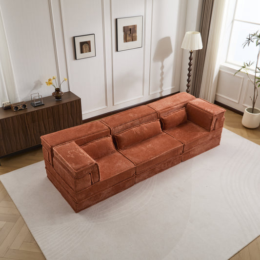 Kompressions-Mahjong-Sofa, Umwandelbares Boden-Sofa-Bett, DIY Knochenloses Modulares Sektionalsofa, Keine Montage Erforderlich, Kreisförmiger Fleece-Stoff, Überdimensioniertes 3-Sitzer-Sofa mit 3 Kissen, Orange