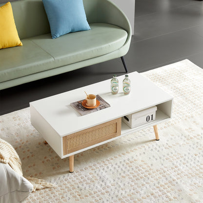 Rattan Couchtisch mit Schiebetür und massiven Holzbeinen - Modernes Wohnzimmer