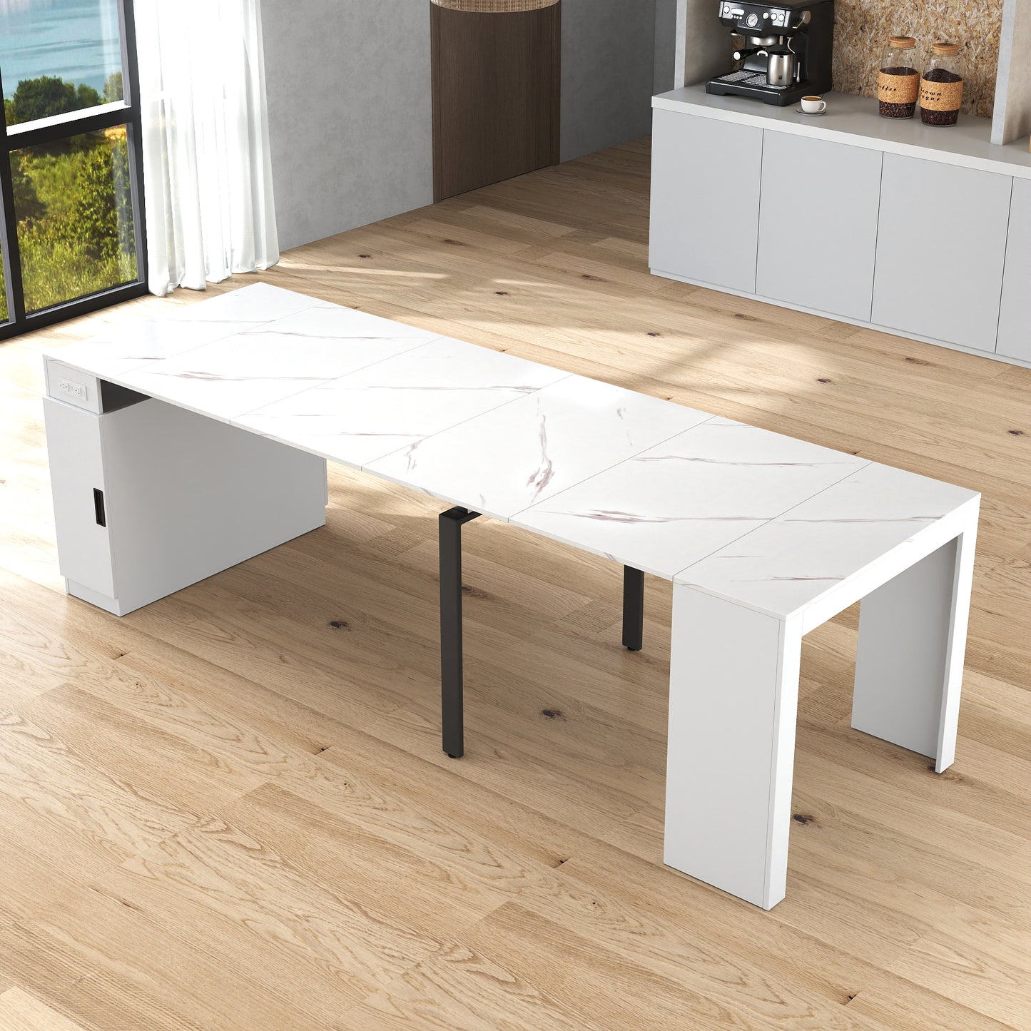 Moderne multifunktionale ausziehbare Esstisch mit Steckdose, platzsparender ausklappbarer Tisch mit Stauraum für Partys, Hochzeiten, Meetings und Feiern