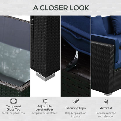 7-teiliges Rattan-Sofa, Outdoor-Patio-Möbelset mit abnehmbaren Kissen und Hocker, Glas-Couchtisch – Dunkelbraun Blau
