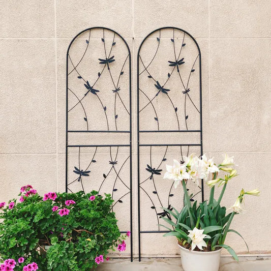 2er-Set Metall-Gartenspaliere 71" x 19,7" Rostfreies Spalier für Kletterpflanzen Außenblumenstütze Libellen-Dekor Schwarz