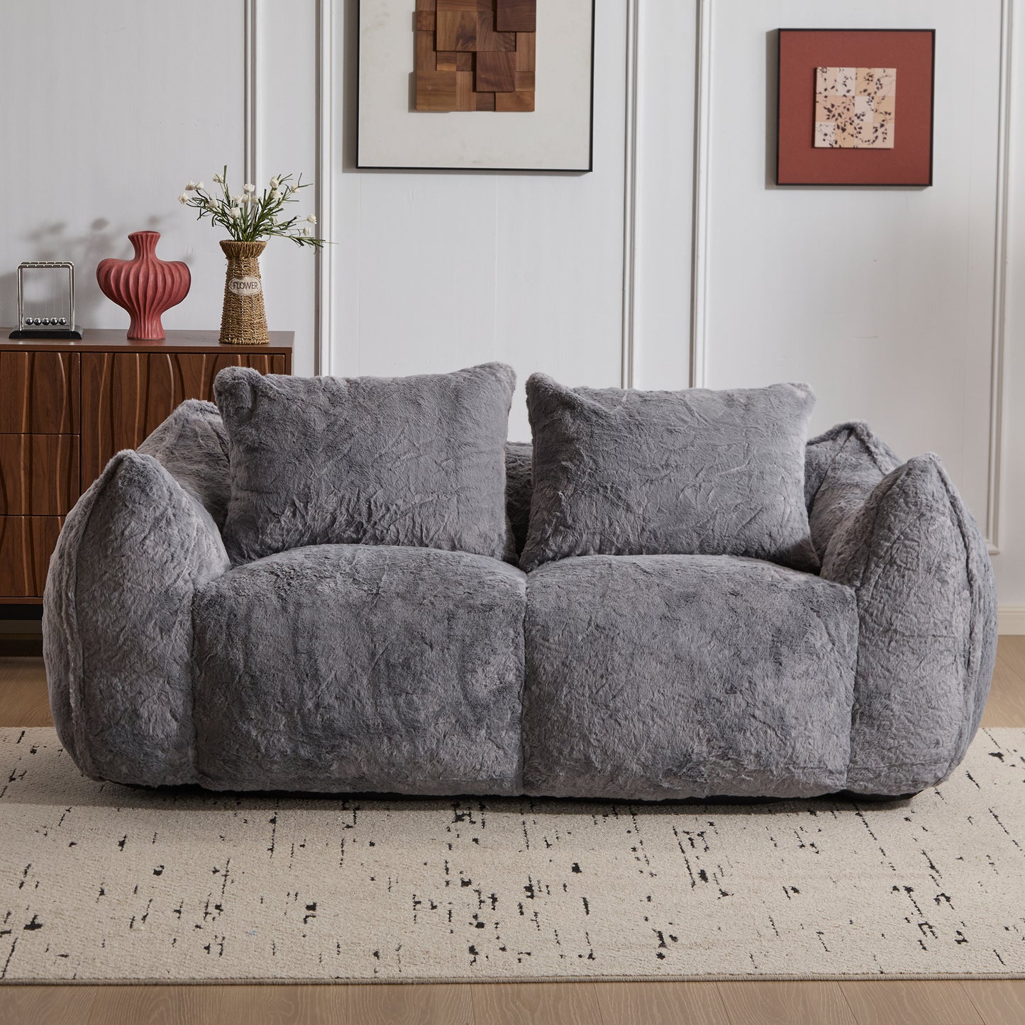 Riesiges Sitzsacksofa für Erwachsene, ultra weiches, flauschiges Zweiersofa aus Sitzsäcken, überdimensionierter Liegestuhl für Innenräume im Wohnzimmer oder Schlafzimmer, keine Montage erforderlich, gemütlicher Lesesessel mit Kissen, Grau