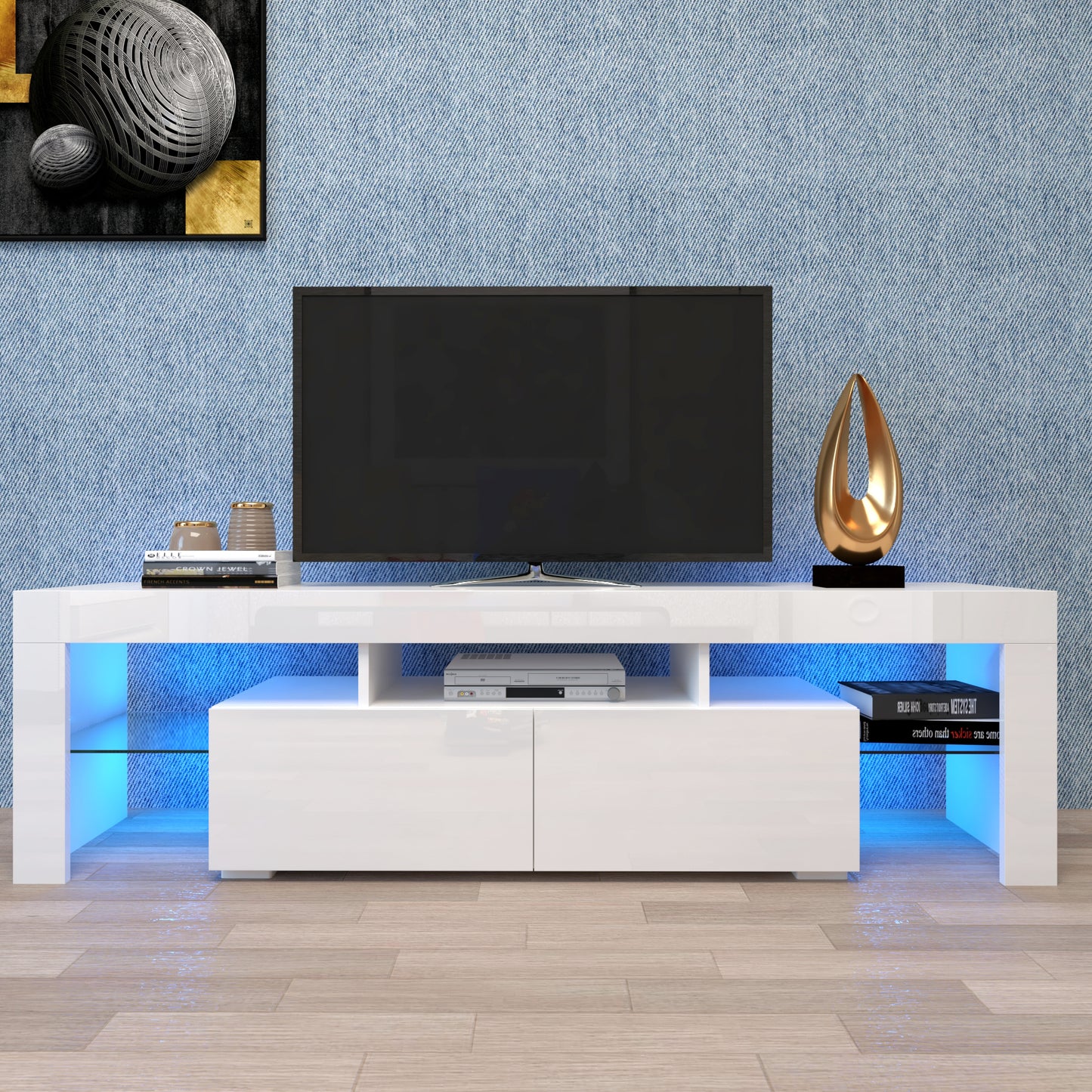 Moderne weiße TV-Ständer, 20-Farben-LED-TV-Ständer mit Fernbedienung für Lichter