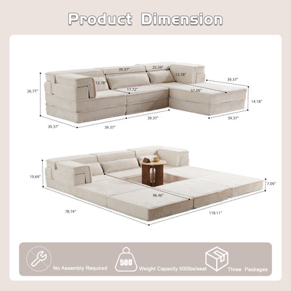 Kompressions-Mahjong-Sofa, umklappbares Boden-Sofabett, DIY knochenloses modulares Sektionssofa, keine Montage erforderlich, runder Fleece-Stoff, überdimensioniertes 4-Sitzer-Sofa mit 3 Kissen, weiß