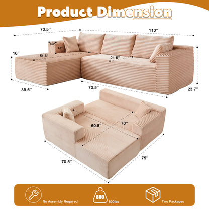 Kompressions-Sitzgruppen-Sofa mit bequemer Chaise, knochenloses L-förmiges Sofa mit tiefer Sitzfläche, minimalistisches modulares Schlafcouch-Sofa für Wohnzimmer, Schlafzimmer, Apartment und Lounge, Cord, Beige
