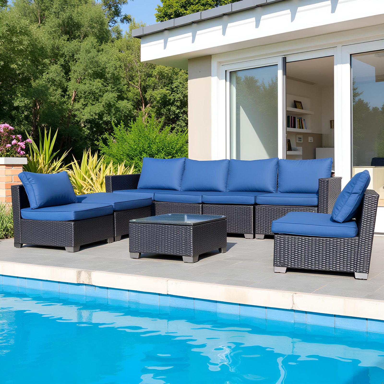 Siebenteiliges Sofaset mit Tisch und Sessel, Schwarz, PE-Rattan, Außenmöbel 7-JH001, Karton 3-1-2-3 mit blauen Sitzkissen