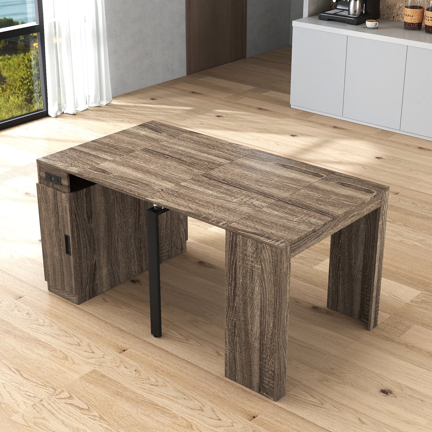 Moderne multifunktionale ausziehbare Esstisch mit Steckdose, platzsparender ausklappbarer Tisch mit Stauraum für Partys, Hochzeiten, Meetings und Feiern